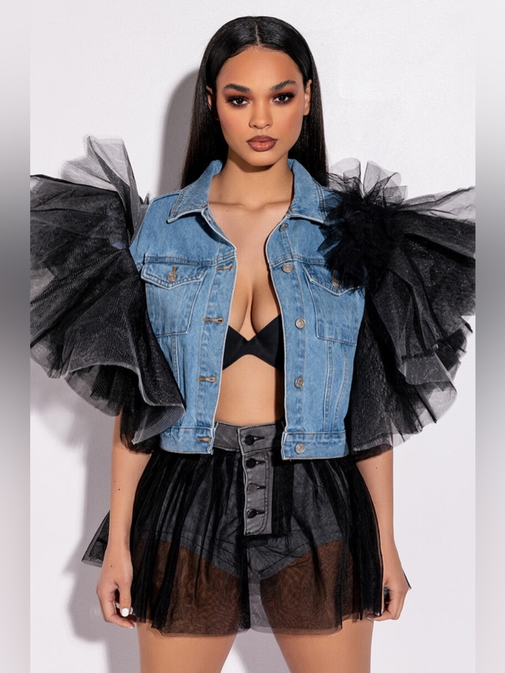 AKIRA Blue Denim Jean Jacket with Black Tulle Ruffled Sleeves - Picture 9 of 11